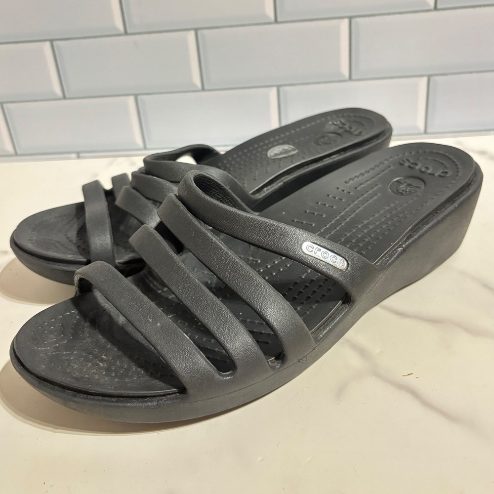 Crocs Rhonda Strappy Wedge Sandals Black Womens Size 8 Slip On Casual Shoes
